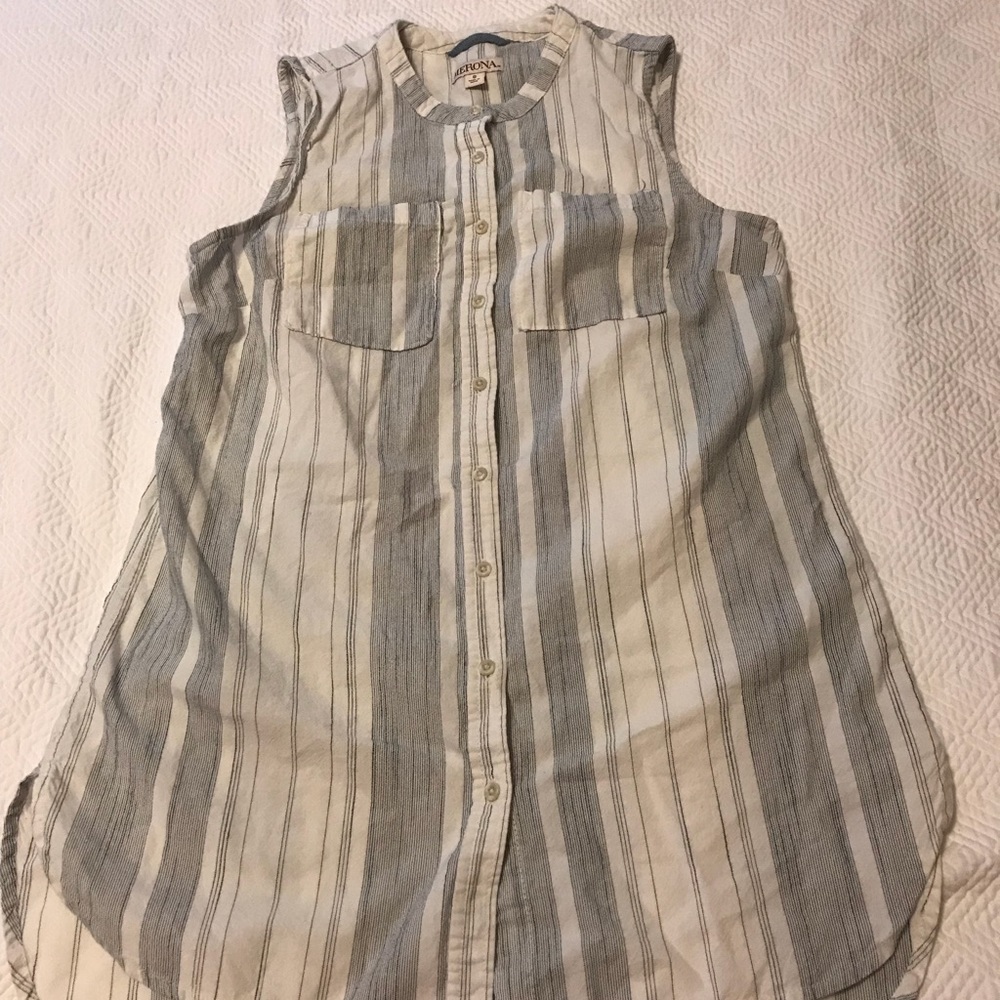 Blue and white sleeveless button down shirt